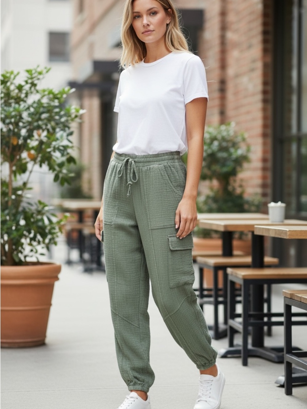 Relaxed Olive Cargo Joggers with Drawstring Waist